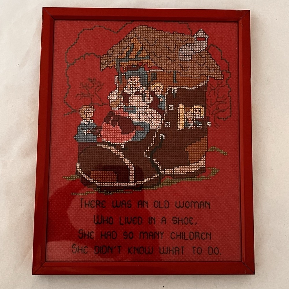 Vintage Needlepoint Old‎ Woman Shoe Nursery Rhyme Framed Wall Art Red